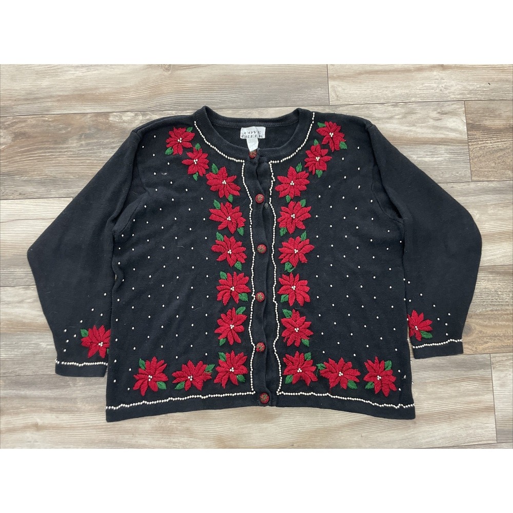 Cove Creek Holiday Cardigan 18/20 Vintage Embroidered Poinsettia Buttons Beaded